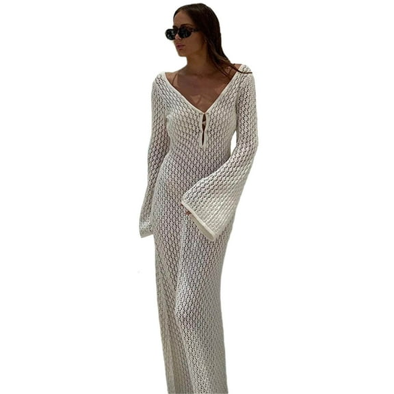 Long Sleeve Knitted Cover Up Dress Long Beach Dress Crochet Swim Coverup