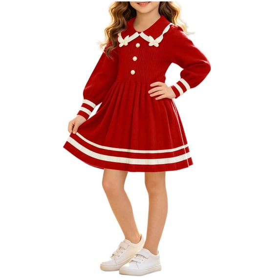 Long Sleeve Knitted Dresses Girls Princess Pleated Sweater Dress Ribbed Cute Fall Winter School Uniforms Red, Size 4 Y