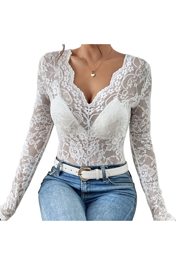 Long Sleeve Lace Top V Neck Slim Fit See Through Lace Long Sleeve Top for Women Date Night Streetwear