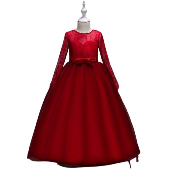 Long Sleeve Lace Tulle Flower Girl Dress Formal Princess Gown for Wedding Party Birthday Performance