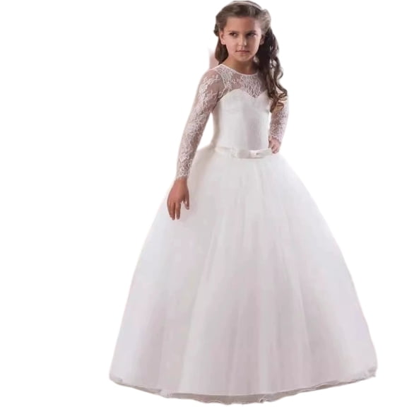 Long Sleeve Lace Tulle Flower Girl Dress Formal Princess Gown for Wedding Party Birthday Performance