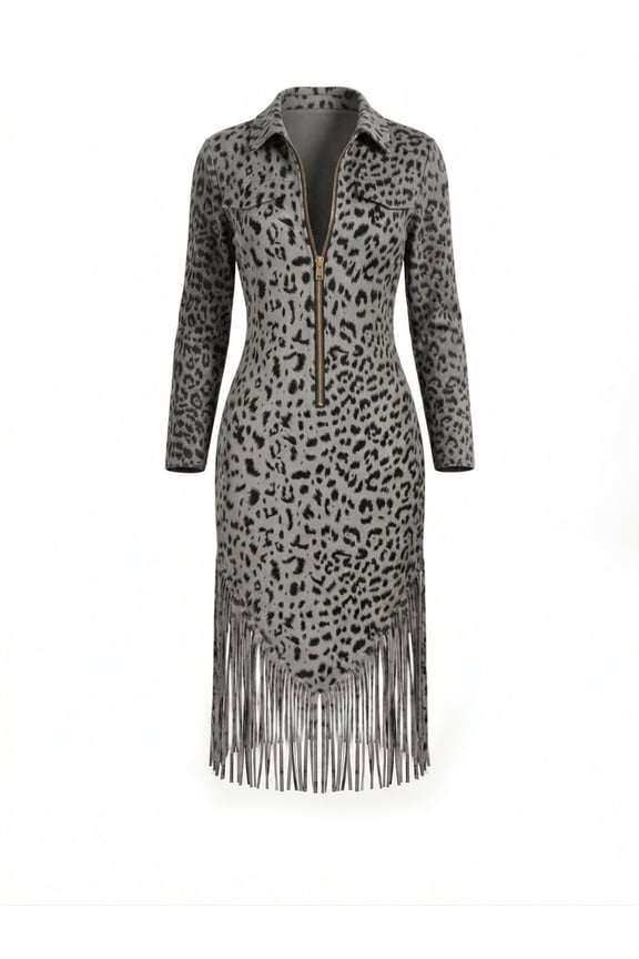 Long Sleeve Leopard Print Knit Fringe Mini Dress Functional Front Zipper Western Tassel Hem Bodycon Outfit for Country Music Festival and Night Out