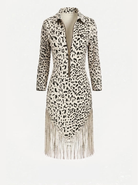 Women's Western Fringe Zip Front Bodycon Dress, Long Sleeve Lapel Collar Tassels Midi Dress, Cowgirl Party Outfit for Women