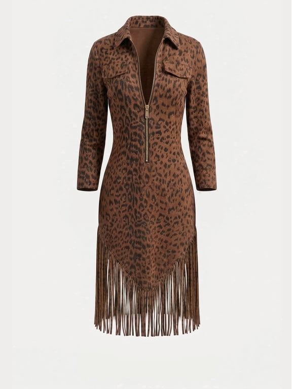 Women's Western Fringe Zip Front Bodycon Dress, Long Sleeve Lapel Collar Tassels Midi Dress, Cowgirl Party Outfit for Women
