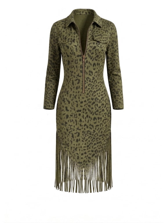 Women's Western Fringe Zip Front Bodycon Dress, Long Sleeve Lapel Collar Tassels Midi Dress, Cowgirl Party Outfit for Women