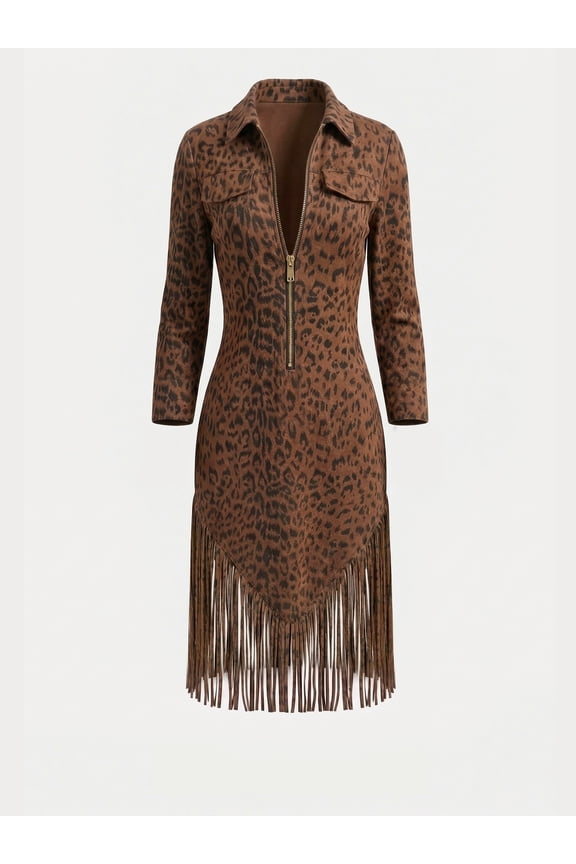 Long Sleeve Leopard Print Knit Fringe Mini Dress Functional Front Zipper Western Tassel Hem Bodycon Outfit for Country Music Festival and Night Out