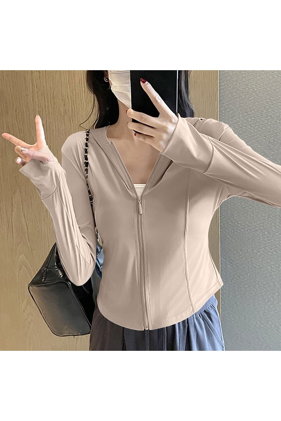 Long Sleeve Lightweight Jacket Women Full Zipper UPF 50+ Hooded UV Protection Womens Coat Hiking Fall Solid Tops