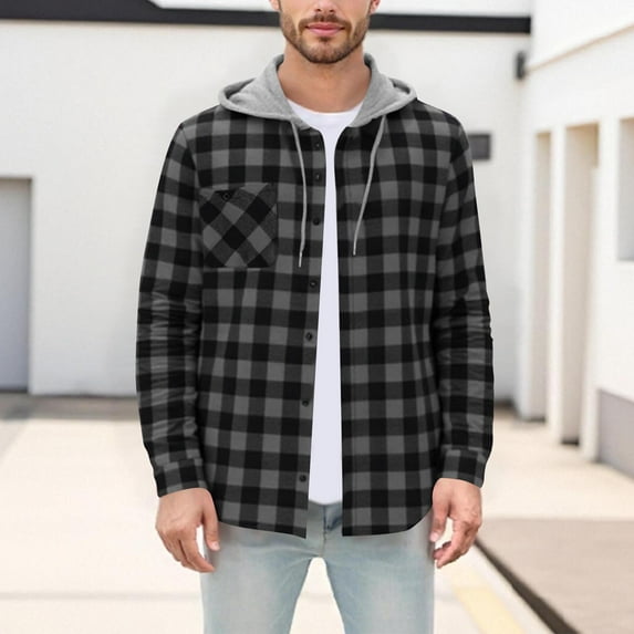 Long Sleeve Lined Plaid Hoodies for Man Drawstring Fashion Loose Color Block Shirts with Hood Pocket outwear (3XL, Dark Gray)