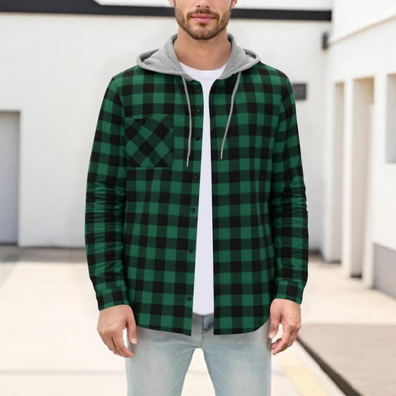 Long Sleeve Lined Plaid Hoodies for Man Drawstring Fashion Loose Color Block Shirts with Hood Pocket outwear (XL, Green)