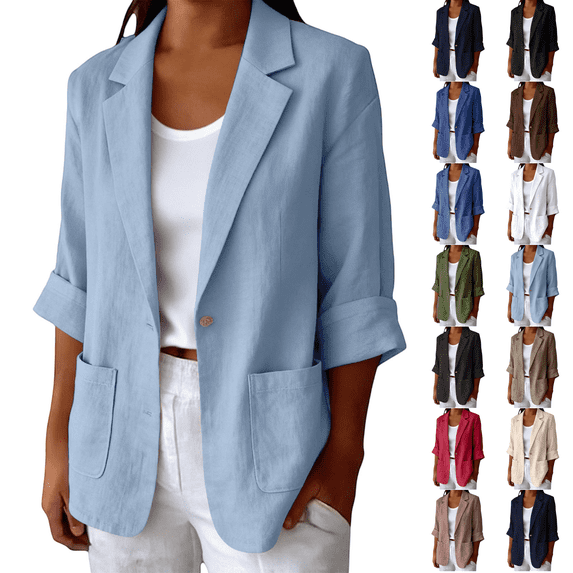 Long Sleeve Linen Blazer Womens Casual Spring Summer Fall Lightweight Jackets Light Blue XL