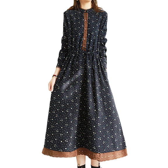 Long Sleeve Linen Dress Womens Vintage Boho Floral Print Maxi Dress Pockets Button Collared Spring Fall Dresses (L, Navy)
