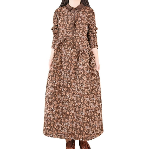 Long Sleeve Linen Dress Womens Vintage Boho Floral Print Maxi Dress Pockets Button Collared Spring Fall Dresses (XL, Brown|Floral)