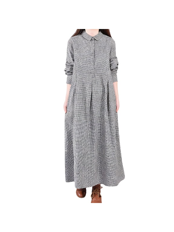 Long Sleeve Linen Dress Womens Vintage Boho Floral Print Maxi Dress Pockets Button Collared Spring Fall Dresses (XL, Gray|Plaid)