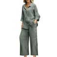 thumbnail image 1 of Long Sleeve Linen Sets for Women, Button Shirt with Long Pants Loose Caual Outfits,Summer Beach Vacation Outfits Ladys Vacation Outfits Gray L, 1 of 6