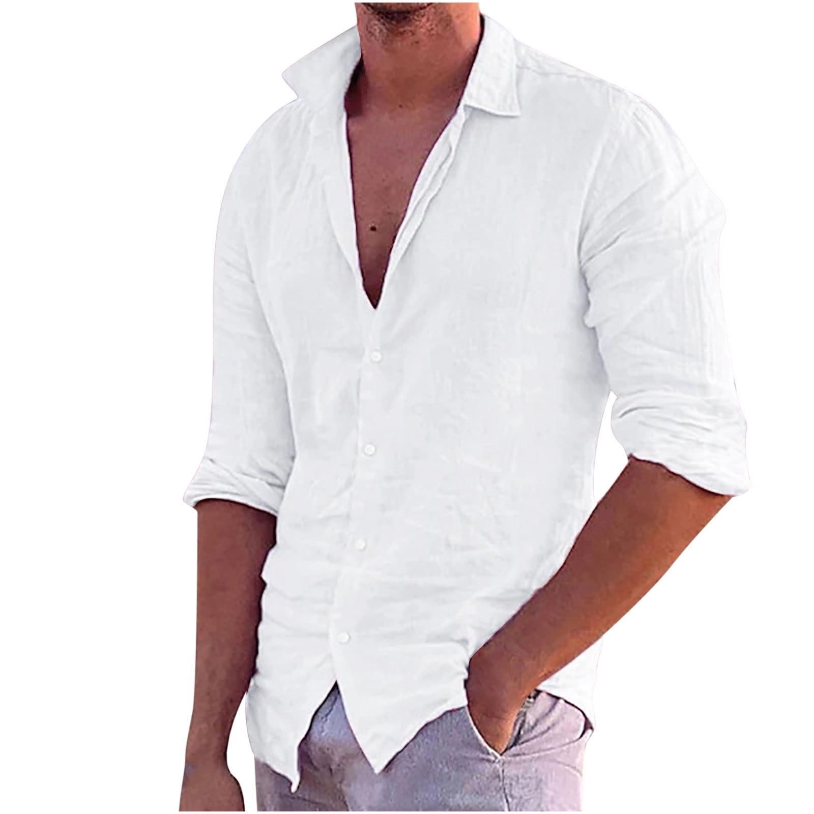 Long Sleeve Linen Shirts for Men Casual Button Down Lapel Collar Beach Top Plus Size Lightweight Tee Blouse S 4XL 4X Large White Walmart