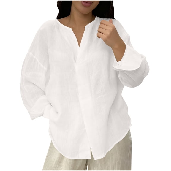 Long Sleeve Linen Tops Women Plus Size V Neck Casual Beach Button Up Shirts Solid Loose Spring Summer Blouses (3XL, White)