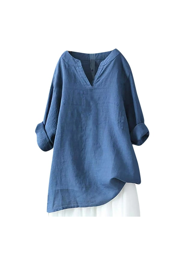 Long Sleeve Linen Tops for Women , Womens Lagenlook Tops Linen Oversized Loose Shirts Blouses Vintage Solid Color V Neck Long Sleeve T-Shirt Ladies Lightweight Holiday Clothes Going Out Tunic Tops