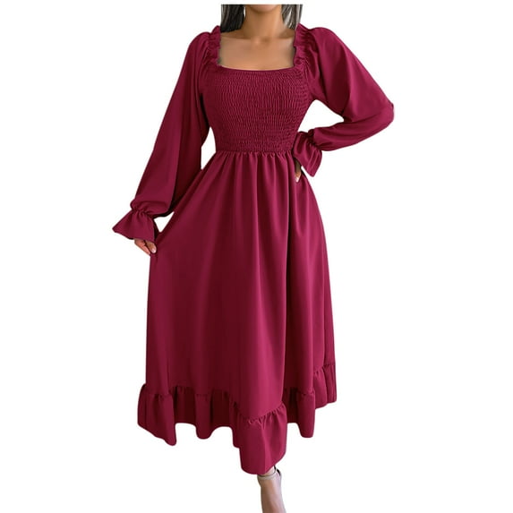 Long Sleeve Long Dress for Women Square Neck Solid Color Commuting Horn Long Sleeve Large Hem Ruffle Dress Boho Long Puff Sleeve A Line Maxi Dress