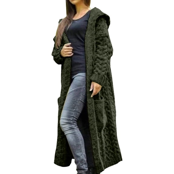 Long Sleeve Loose Fit Hooded Cardigan Cable Knit Design Front Button High Slit for Women Wear