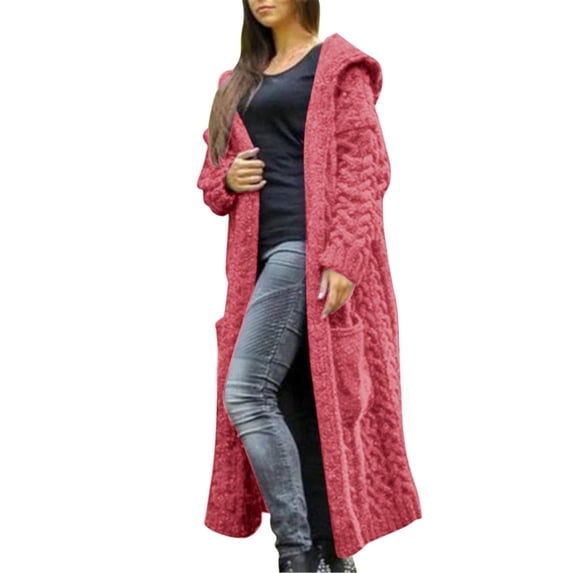 Long Sleeve Loose Fit Hooded Cardigan Cable Knit Design Front Button High Slit for Women Wear