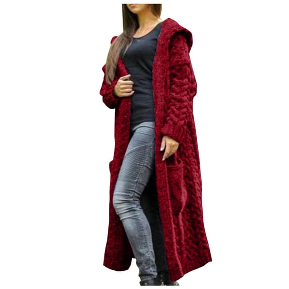 Long Sleeve Loose Fit Hooded Cardigan Cable Knit Design Front Button High Slit for Women Wear