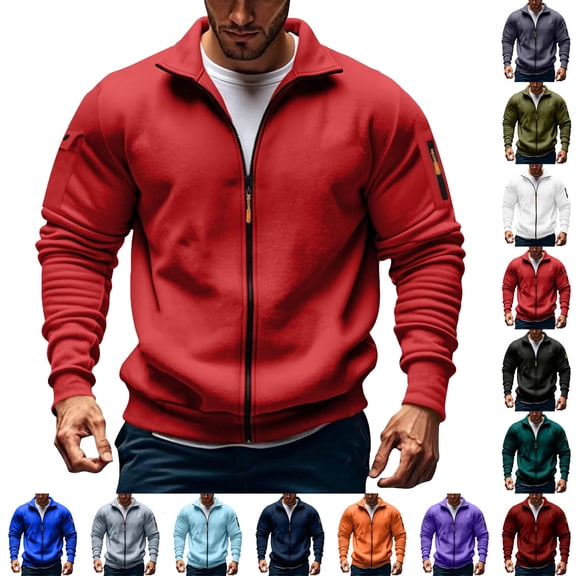 Long Sleeve Loose Vintage Coat With Pockets Men's Solid Color Long Sleeved Stand-Up Collar Zipper Fleece Thick Pocket Jacket Red Xxxl