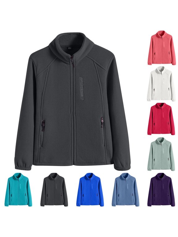 Long Sleeve Loose Vintage Coat With Pockets Women's Fashion Solid Color Casual Zipper Stand Sports Fleece Long Sleeved Jacket Black M