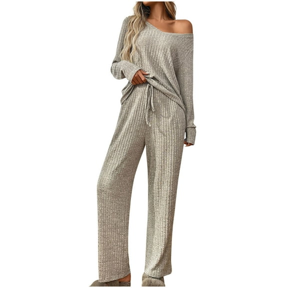 Long Sleeve Loungewear Sets for Women Knit Comfy Two Piece Cozy Soft Matching Sets Ribbed Pajama Suit New Ladies Pajamas Sets Khaki S