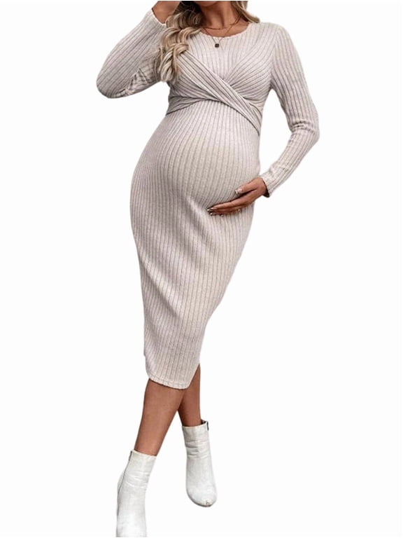 Long Sleeve Maternity Sweater Dress for Fall Winter, Knit Ribbed Maternity Bodycon Dress XL
