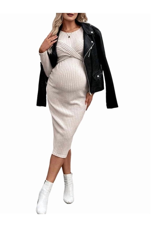 Long Sleeve Maternity Sweater Dress for Fall Winter, Knit Ribbed Maternity Bodycon Dress XL