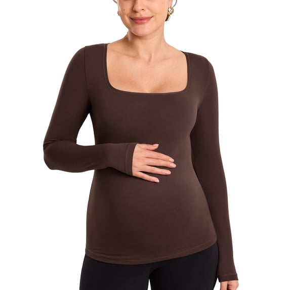 Long Sleeve Maternity Tops Square Neck Pregnancy Basic Shirts Soft Casual Tee