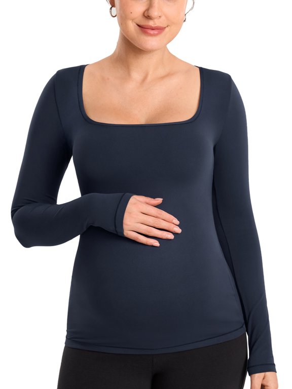 Long Sleeve Maternity Tops Square Neck Pregnancy Basic Shirts Soft Casual Tee