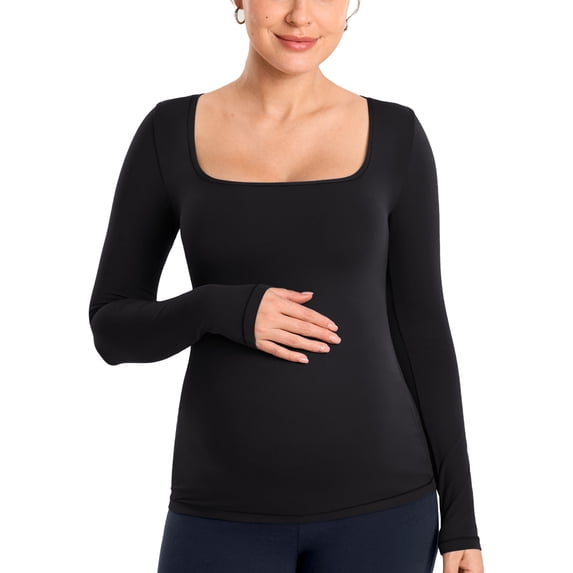 Long Sleeve Maternity Tops Square Neck Pregnancy Basic Shirts Soft Casual Tee