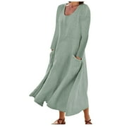 DEHOLIFER Long Sleeve Maxi Dress for Women Clearance, Womens Cotton Linen Long Dress with Pockets Round Neck Long Sleeve Maxi Dresses Loose Oversized Plain Dress Holiday Beach Party Dresses