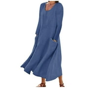 DEHOLIFER Long Sleeve Maxi Dress for Women Clearance, Womens Cotton Linen Long Dress with Pockets Round Neck Long Sleeve Maxi Dresses Loose Oversized Plain Dress Holiday Beach Party Dresses