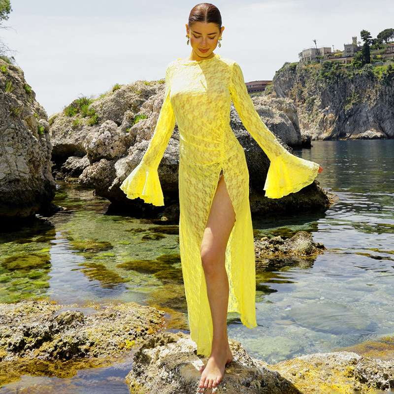 WoW Garments Long-sleeve Maxi Dress with Flared Sleeves (M, Yellow), Women's, Size: Medium