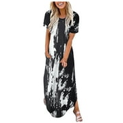 Long Sleeve Maxi Dresses for Women Women Short Sleeve Pocket Casual Floral Printing Beach Long Maxi Loose Dress