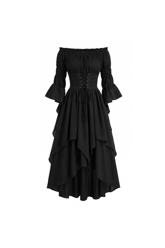 Long Sleeve Medieval Costume, Halloween Gothic Dress, Gothic Renaissance Dress, Renaissance Dress Women Medieval Costume Victorian Dresses Peasant Gothic Fairy Witch Wedding Under Dress, Black S