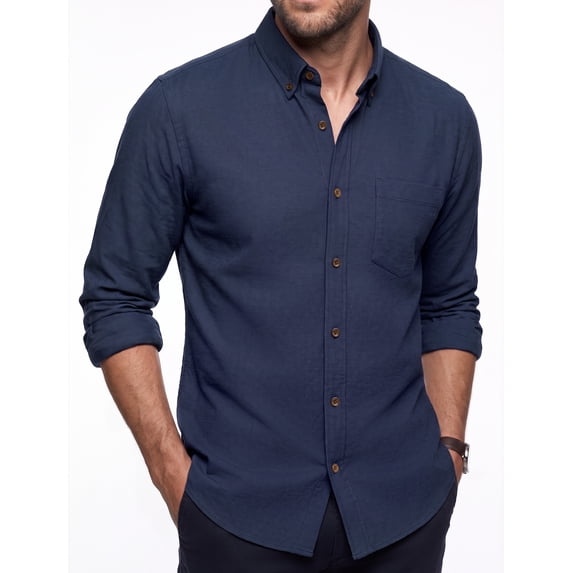 Men Oxford Dress Shirts Cotton Long Sleeve Shirt Business Shirt Casual Button Down Shirts Navy Blue