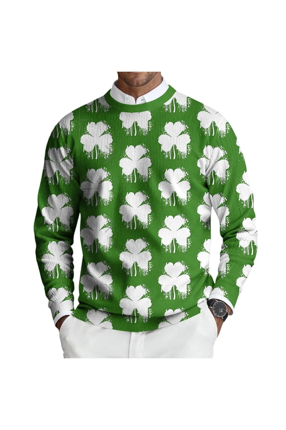 Long Sleeve Mens Pullover Crew Neck Knitted Sweater with Clover Pattern Lightweight Ribbed St. Patrick's Day Sweater Man Top Cyan M