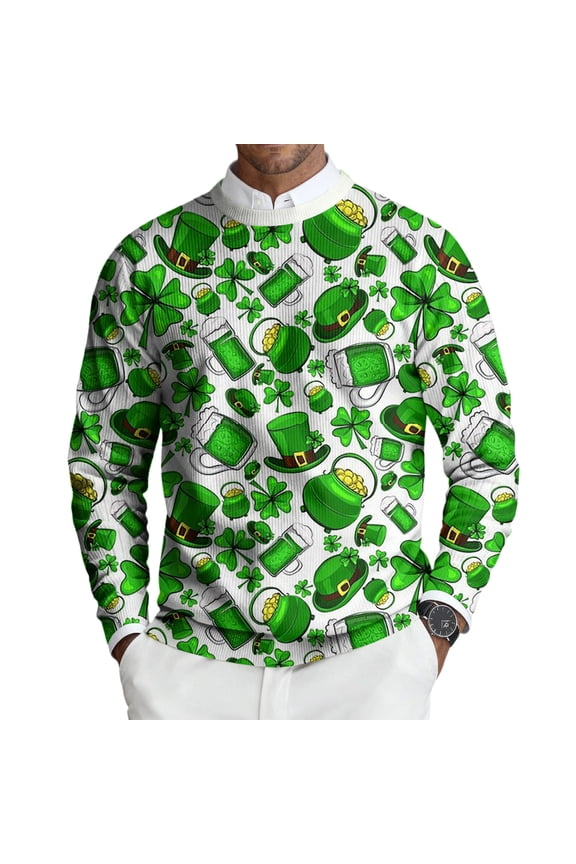 Long Sleeve Mens Pullover Crew Neck Knitted Sweater with Clover Pattern Lightweight Ribbed St. Patrick's Day Sweater Man Top White XL