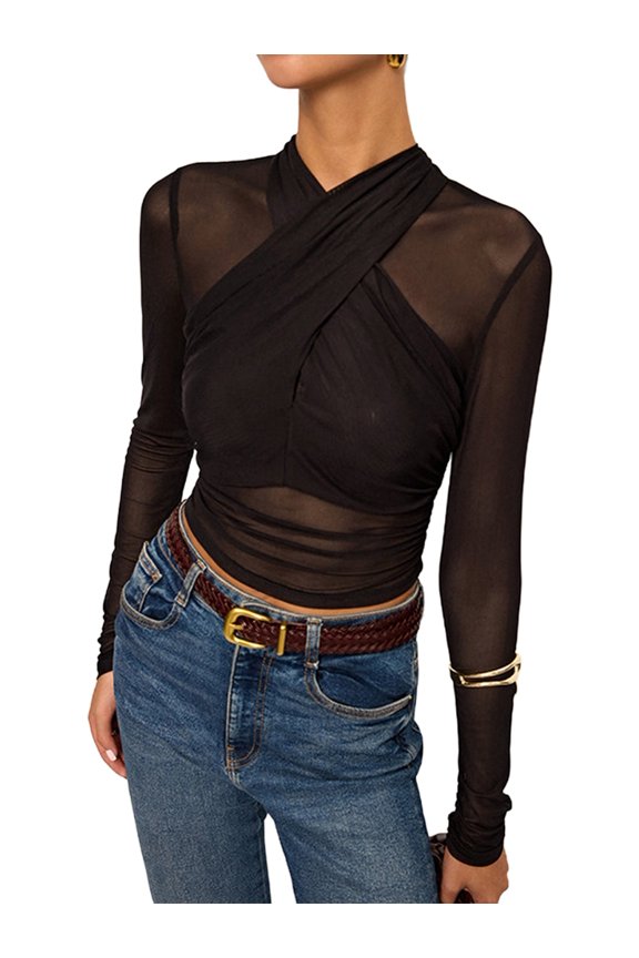 Long Sleeve Mesh Crop Tops for Women Criss See Through Sheer Ruched Blouse Slim Fit Tee Shirt