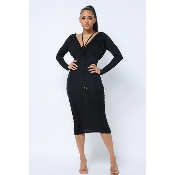 Long Sleeve Midi Dress With Low V Neck Front And Back With Ruching On Sides And Chest S