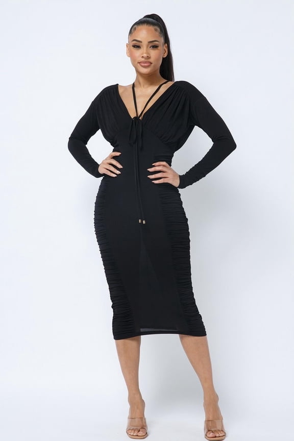 Long Sleeve Midi Dress With Low V Neck Front And Back With Ruching On Sides And Chest S