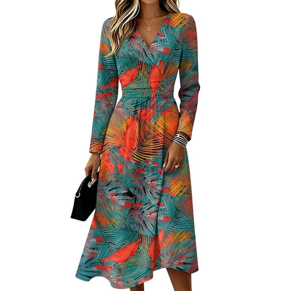 Long Sleeve Midi Dresses for Women Elastic Waist Wrap Crossover V Neck a Line Dress Elegant Holiday Party Dresses