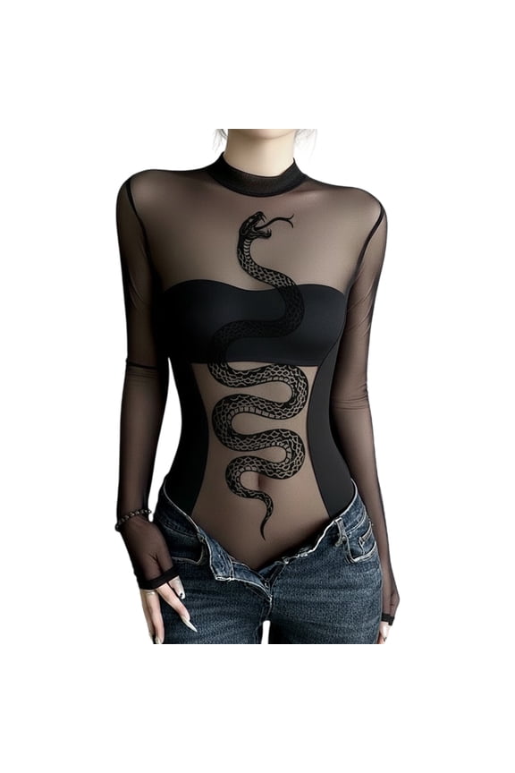 Long Sleeve Mock Neck Jumpsuit Snake Print Sheer Mesh Fitted Bodysuit Shirt See Through Black Leotard Top for Women