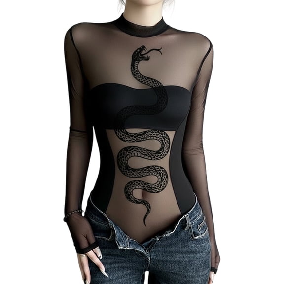 Long Sleeve Mock Neck Jumpsuit Snake Print Sheer Mesh Fitted Bodysuit Shirt See Through Black Leotard Top for Women