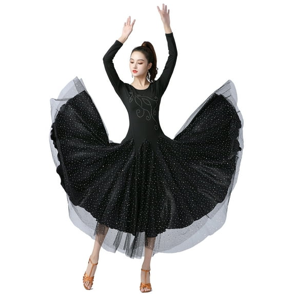 Long Sleeve Modern Waltz Ballroom Latin Dance Practice Wear Dress With Godets