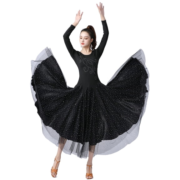 Long Sleeve Modern Waltz Ballroom Latin Dance Practice Wear Dress With Godets