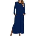 thumbnail image 1 of Long Sleeve Nightgown Pajama Dress Soft V Neck Colorblock Side Split Sleep Maxi Dress for Women with Pockets (Large, Blue), 1 of 5